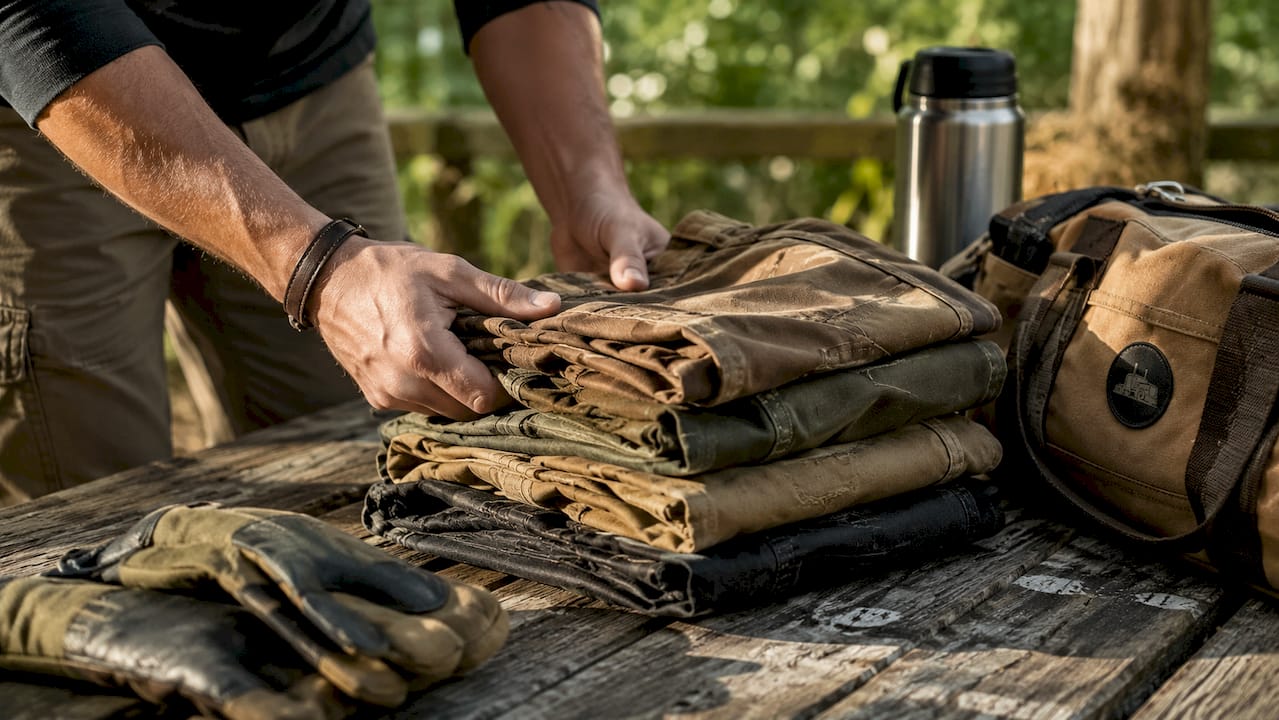 Hands folding essential truck driver clothing items