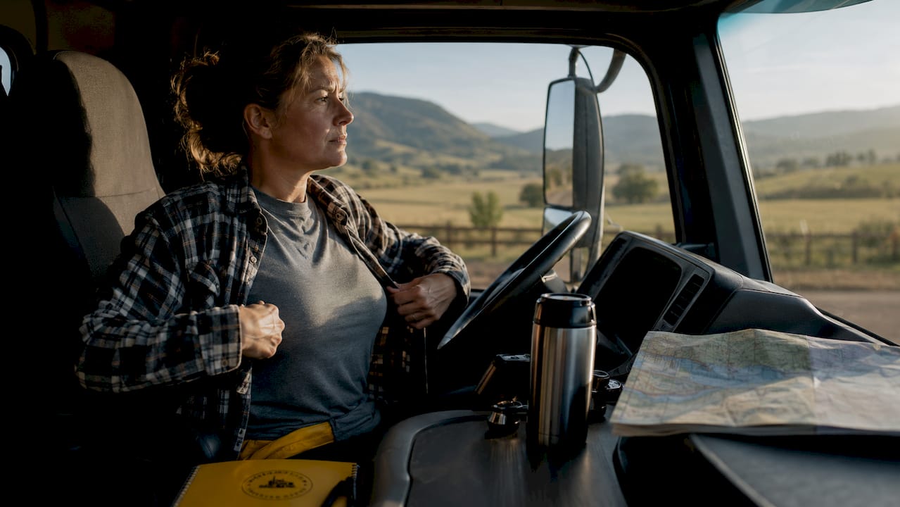 Female trucker layering shirts in cabin