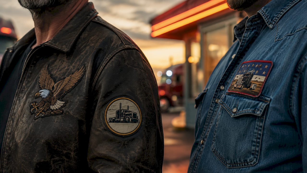 Close-up of trucking apparel logos and patches