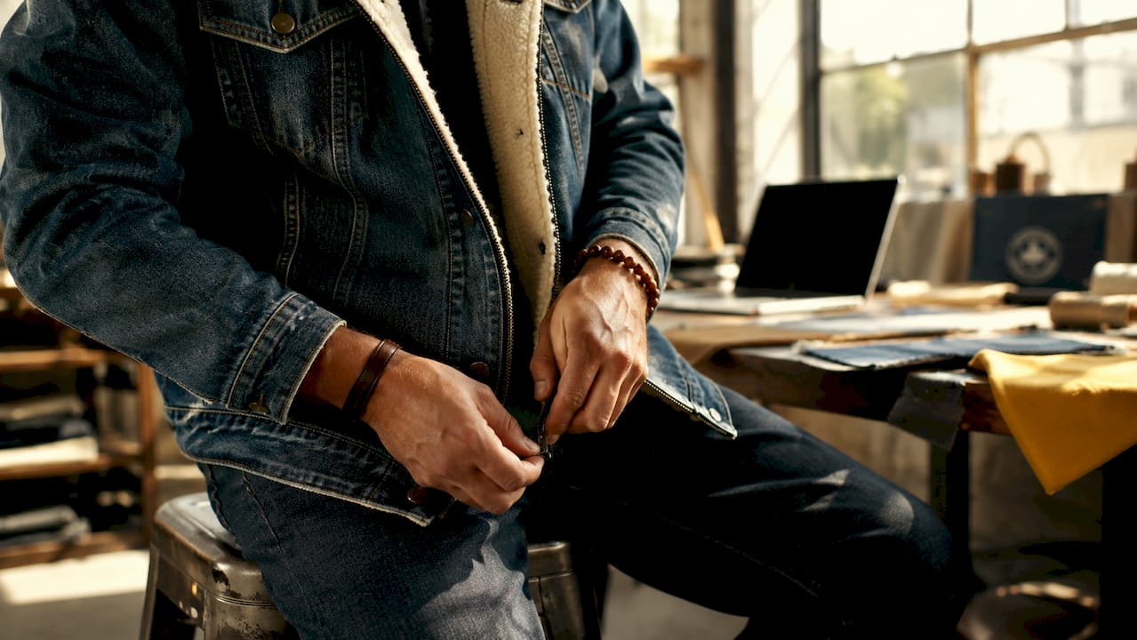 Close-up of hands on denim Sherpa-lined jacket