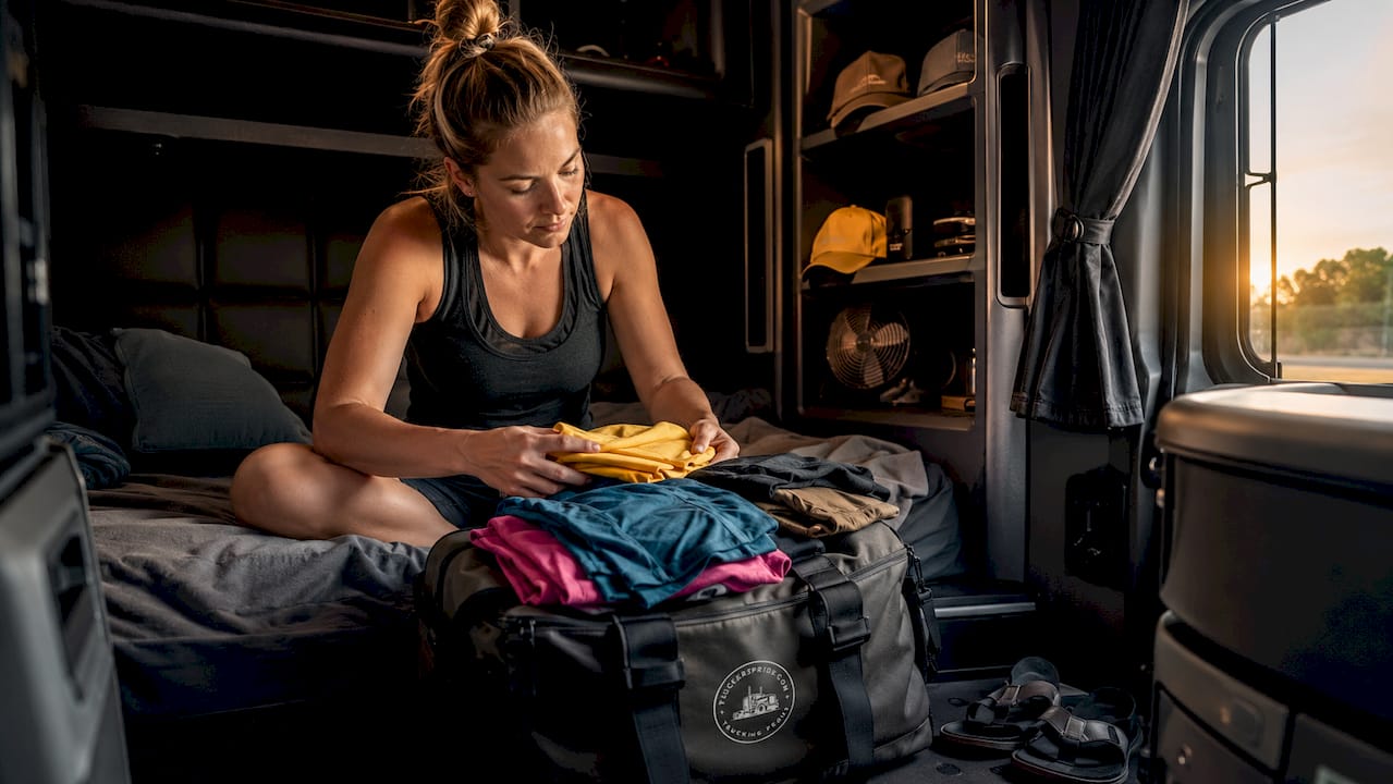 Female trucker organizing clothing in sleeper berth
