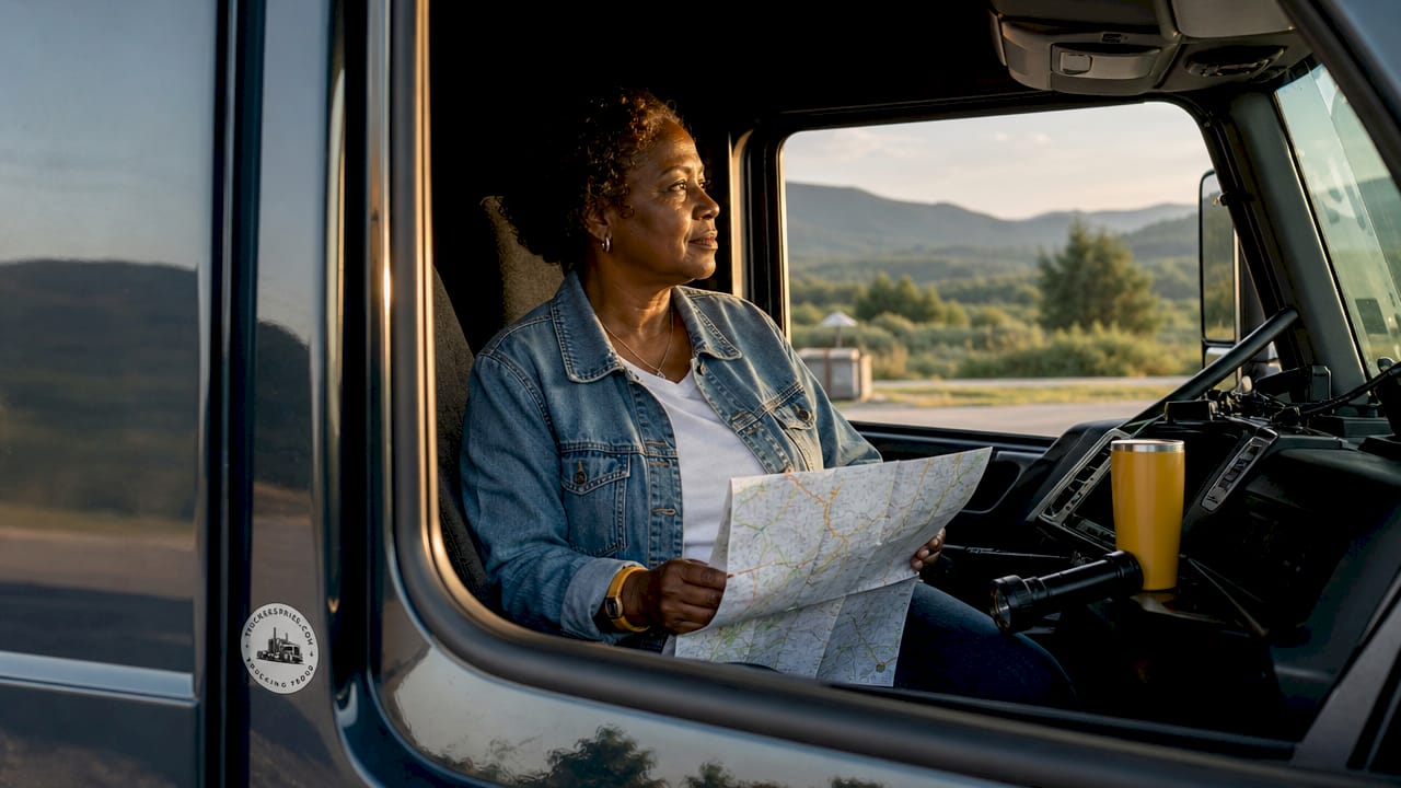 Veteran truck driver consulting paper map in cab