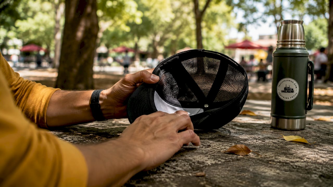 Hands checking trucker hat authenticity details