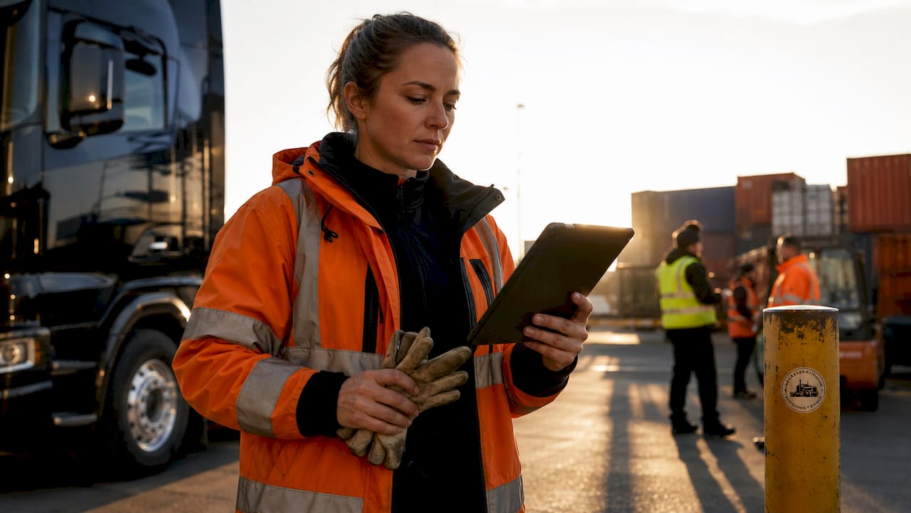 Female truck driver in high-vis jacket at dock
