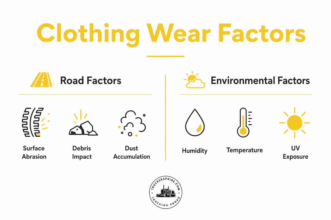 Infographic comparing road and environmental factors affecting clothing wear