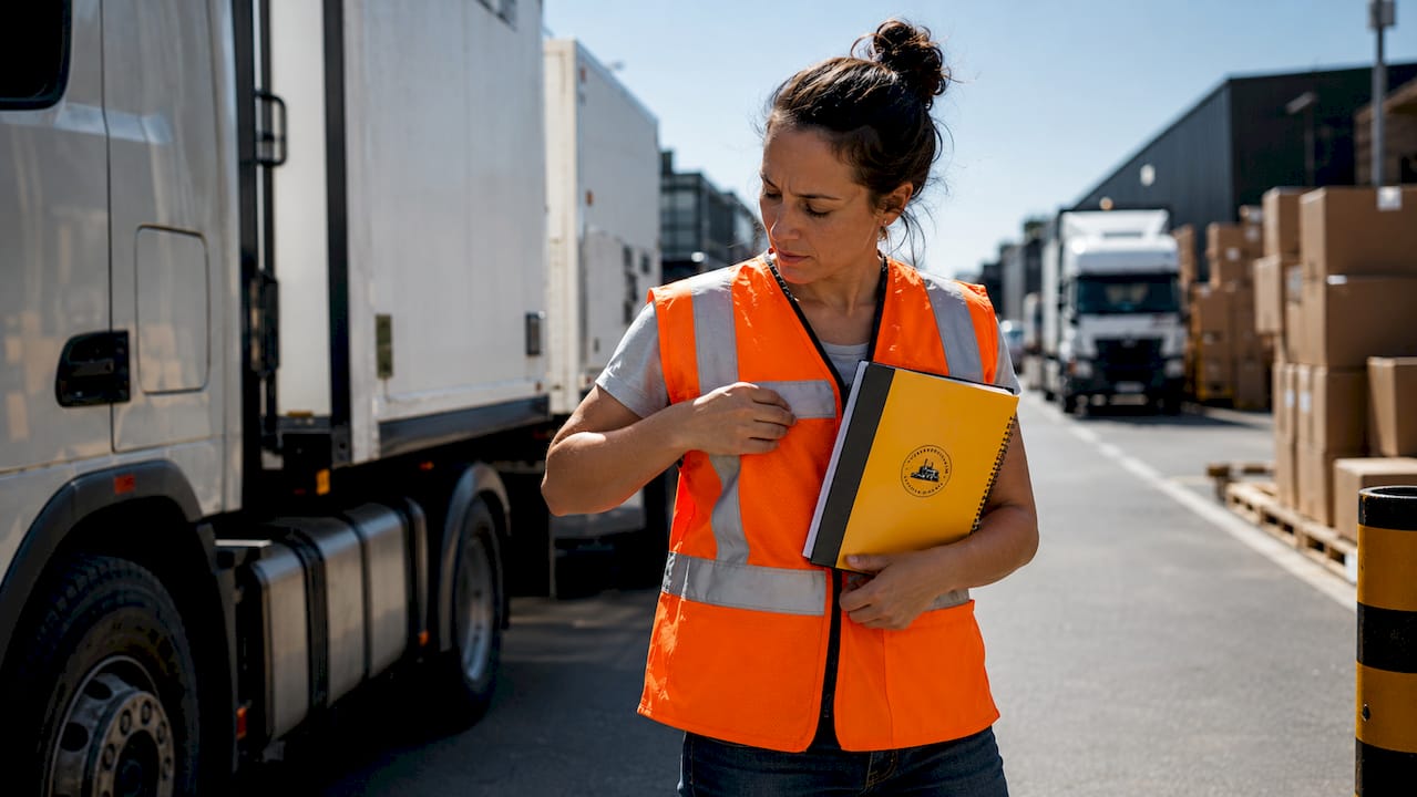 Female trucker adjusting reflective vest outdoors