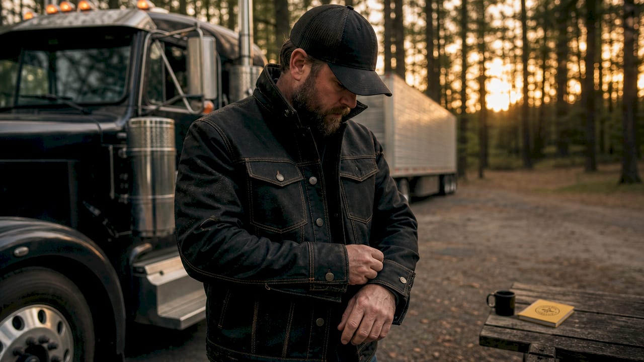 Close-up of trucker adjusting durable work jacket cuff