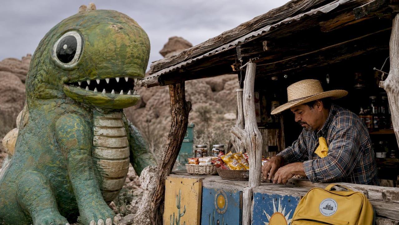 Roadside stand with novelty animal sculpture