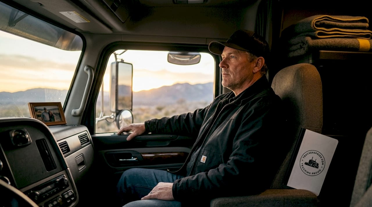 Truck driver adjusting mirror in branded apparel
