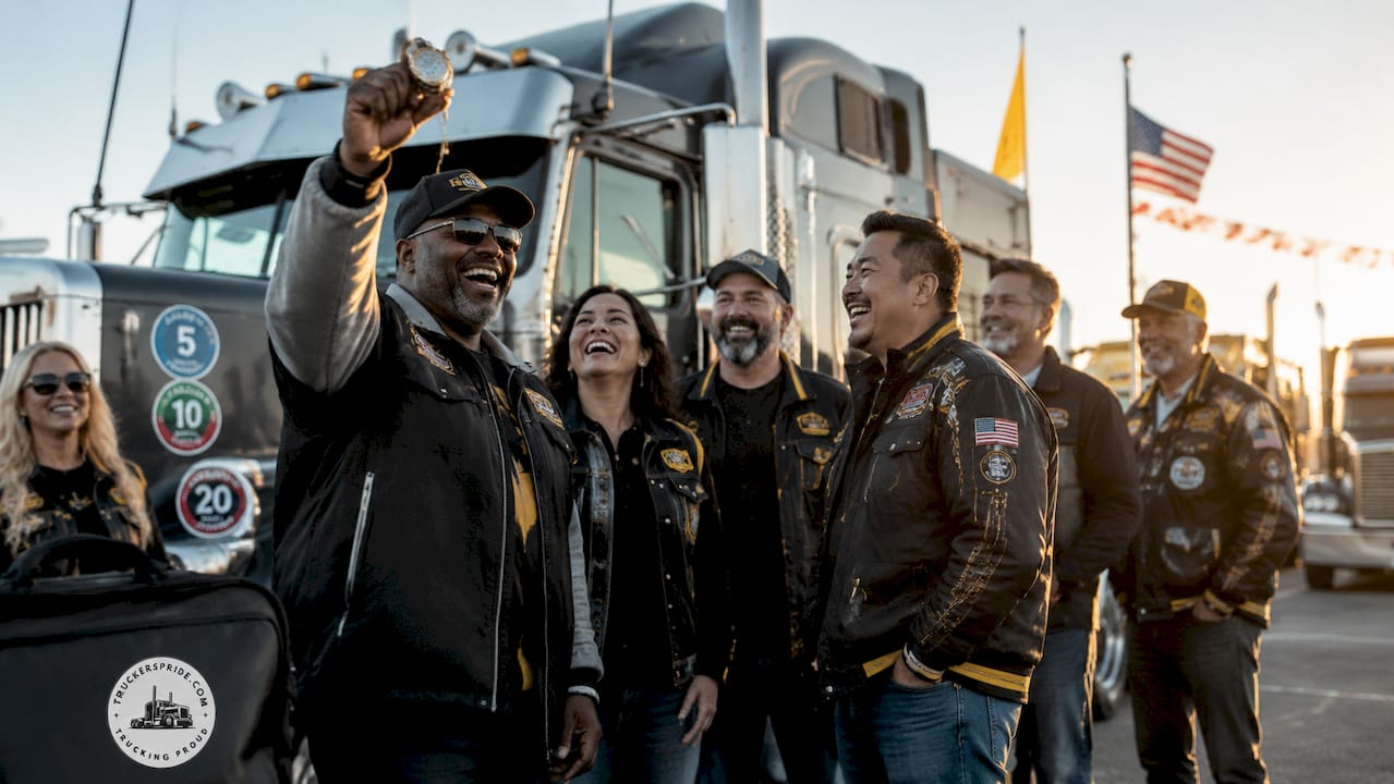 Group truckers celebrating mileage milestones outdoors