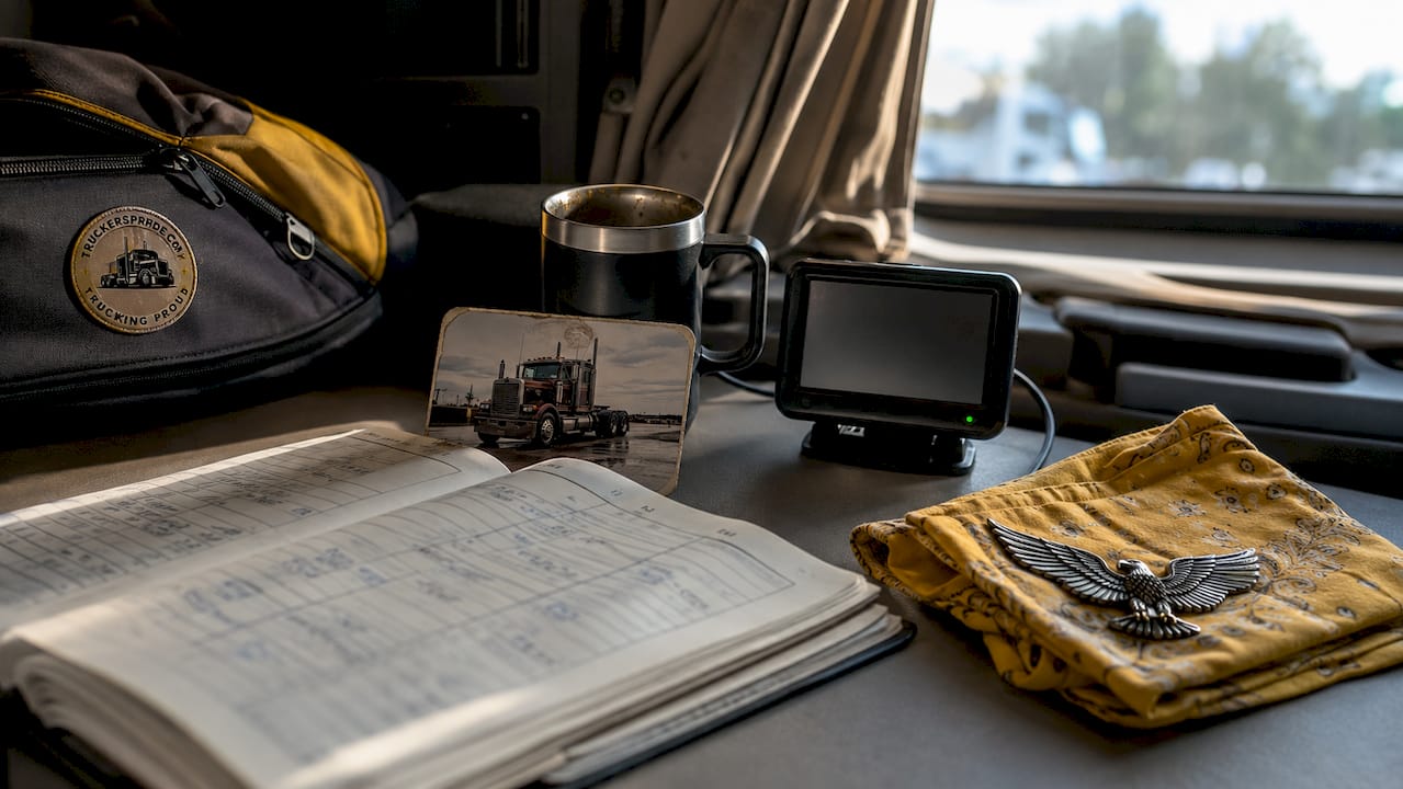 Overhead of trucker cabin desk with personal items