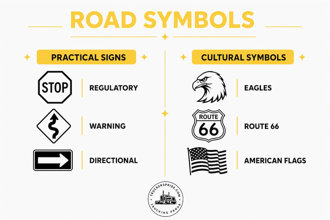 Infographic showing practical and cultural road symbols