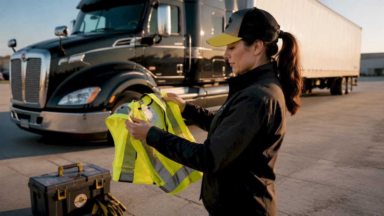 Woman checking hi-vis vest certification label