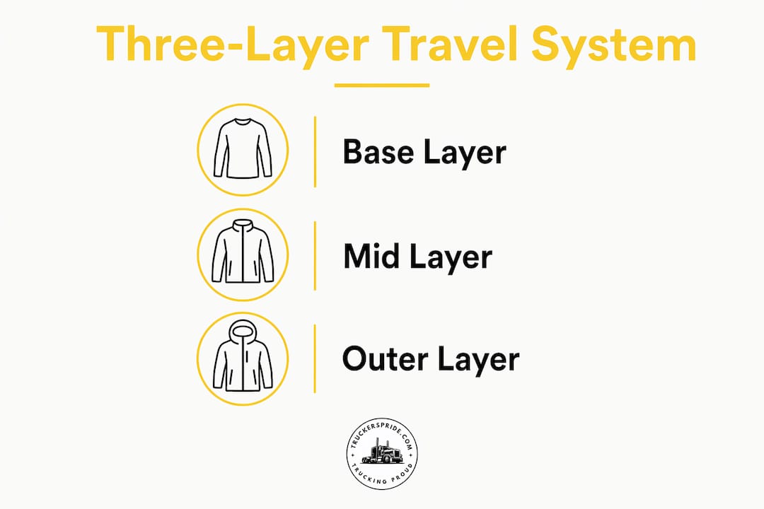 Infographic illustrating three-layer travel clothing system