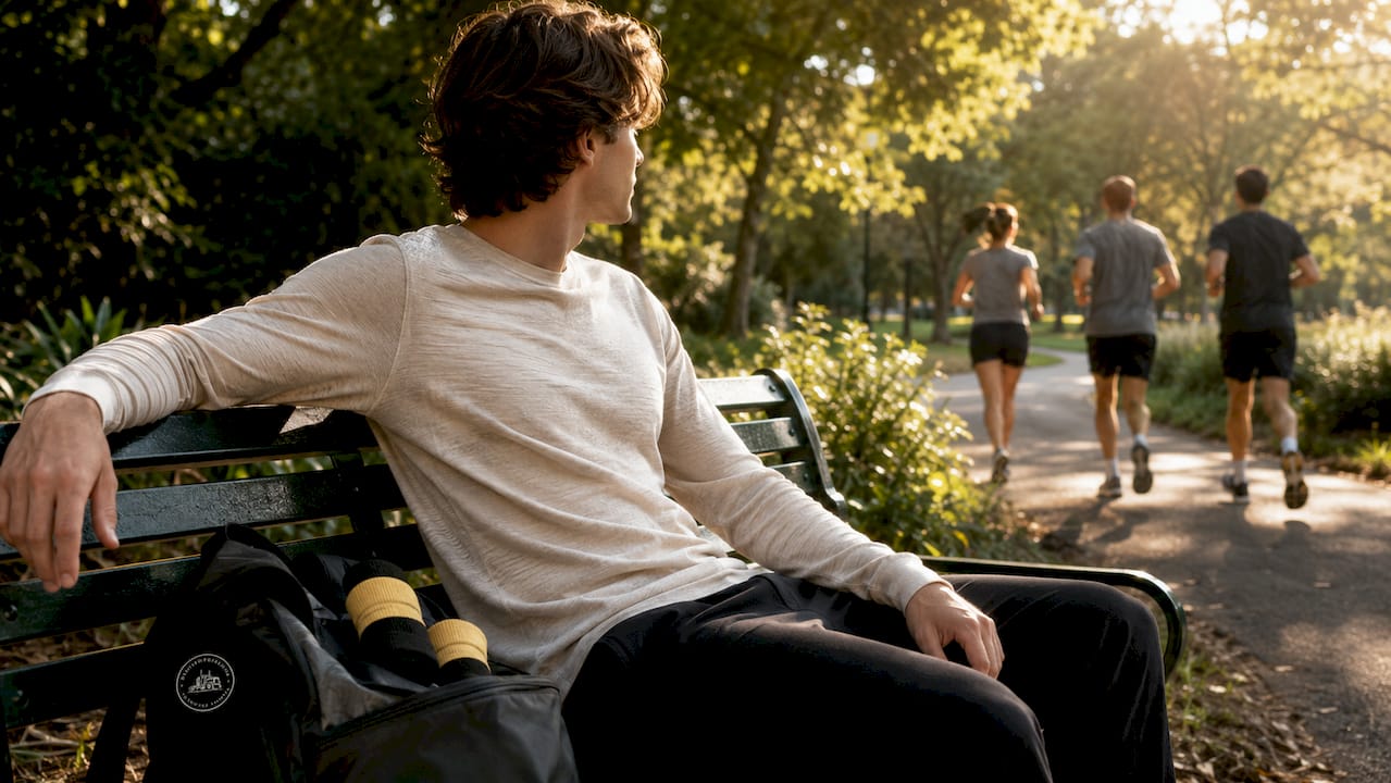 Side view of merino wool shirt on seated traveler