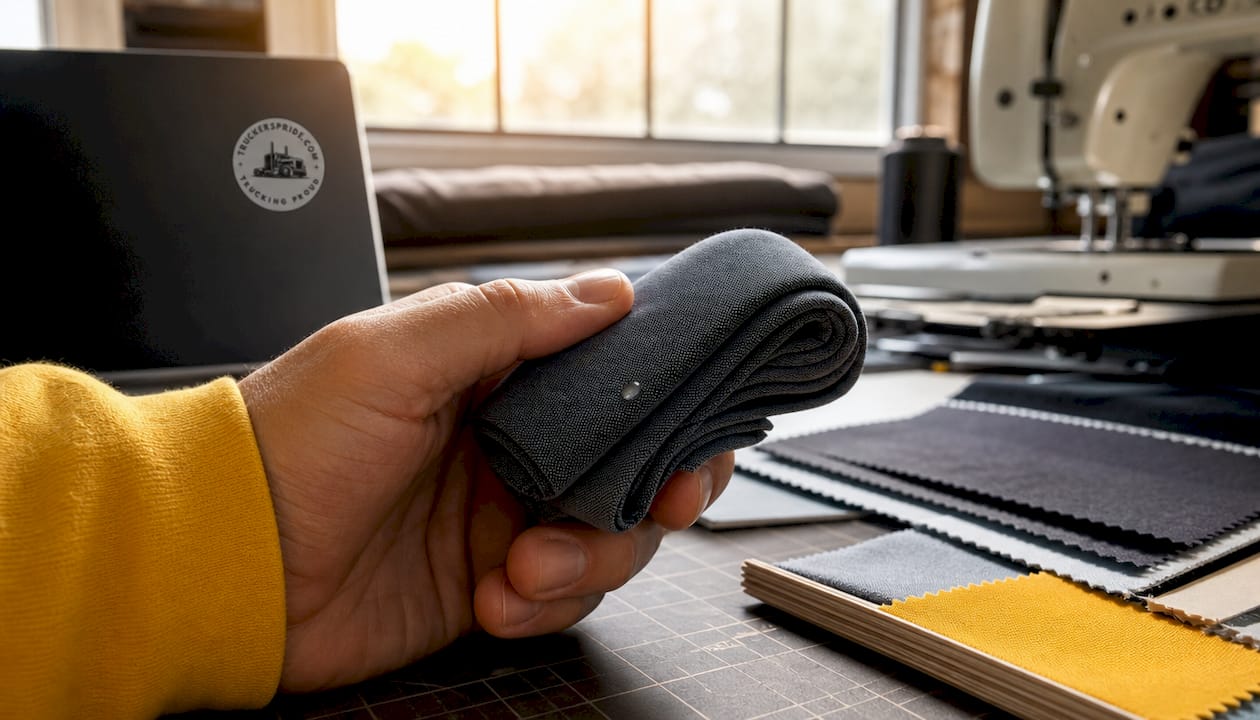 Close-up of stretch performance fabric in hand
