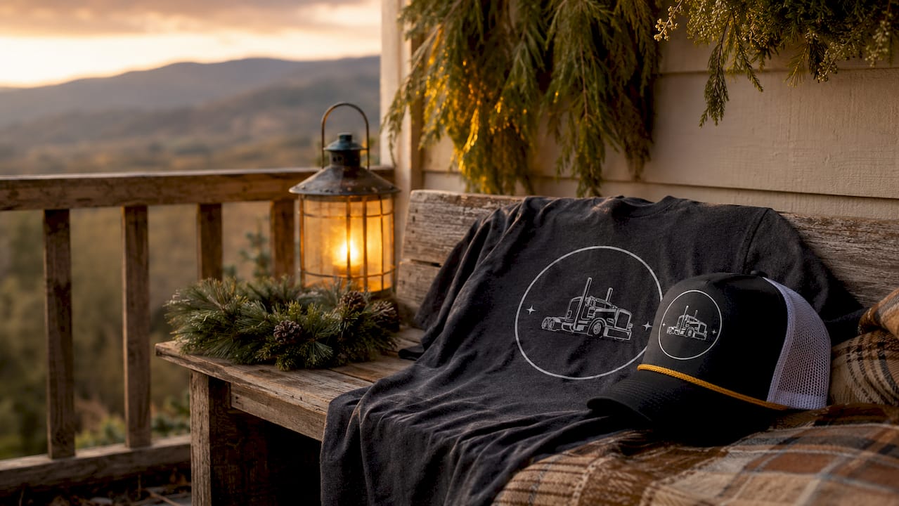 Gift set of graphic tee and trucker hat on table