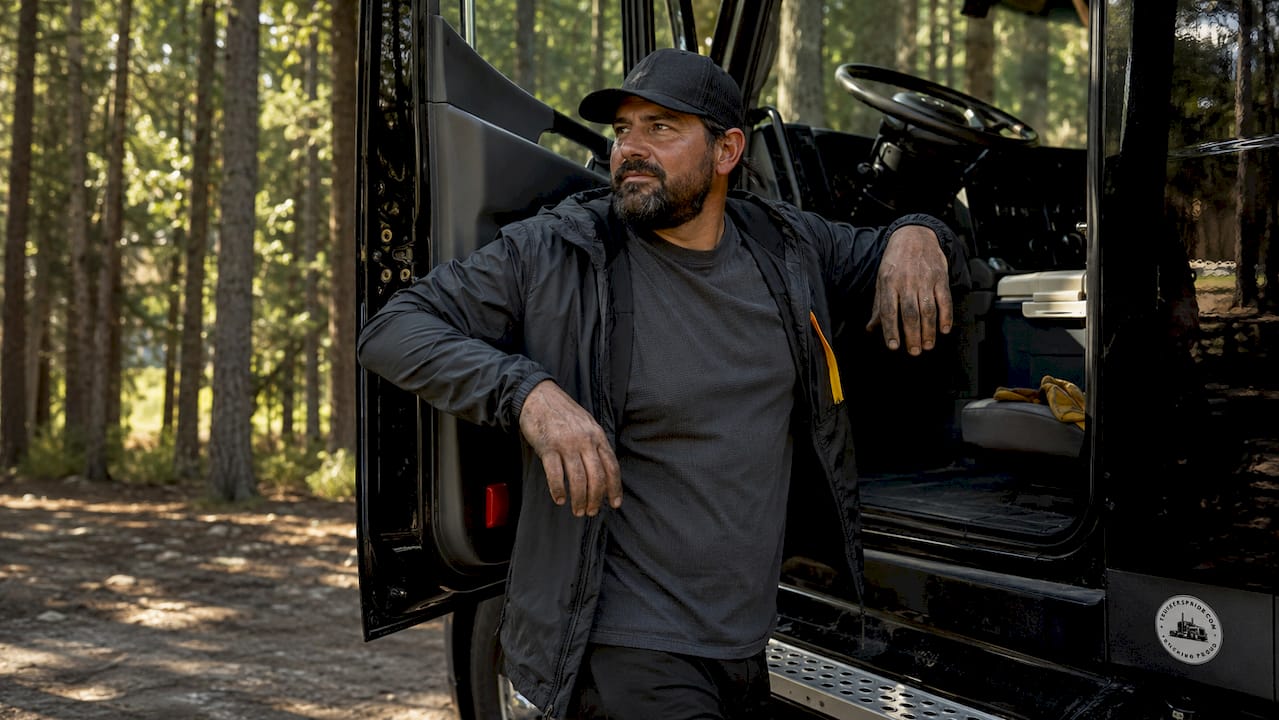Driver wearing moisture-wicking trucker shirt inside cab