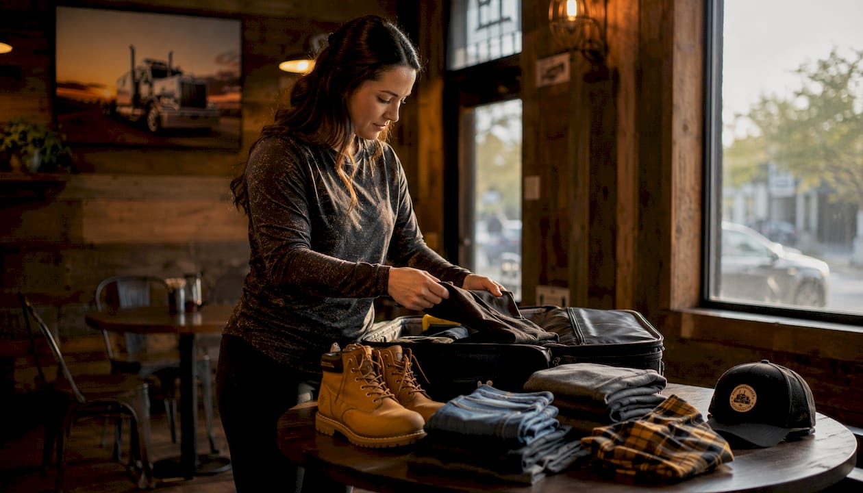 Woman packing versatile trucking clothes in motel room
