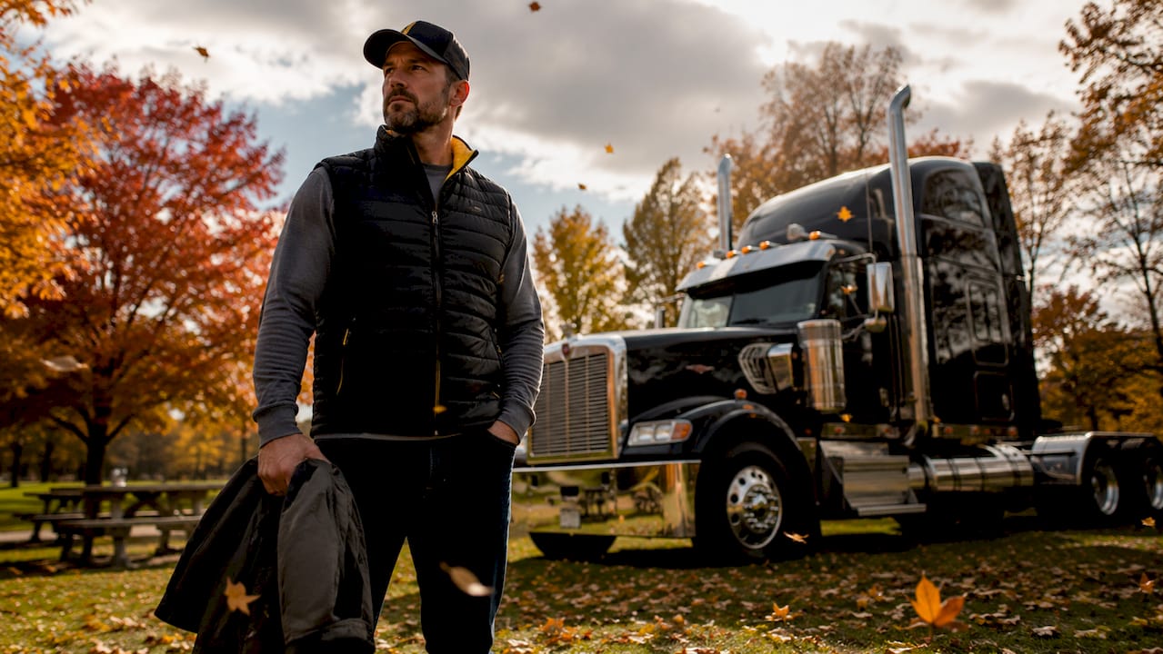 Truck driver layering clothing outdoors in autumn