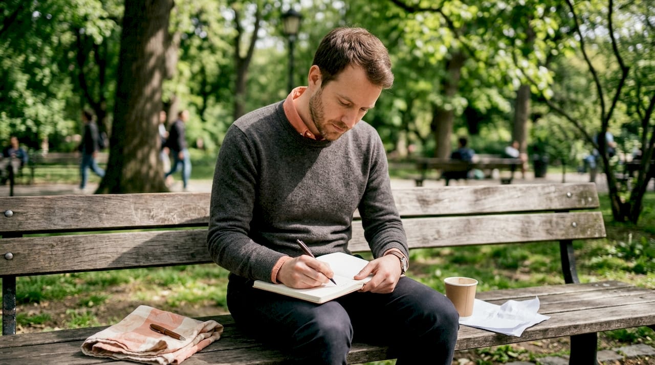 Un salarié prend des notes dans son carnet pendant sa journée au bureau.