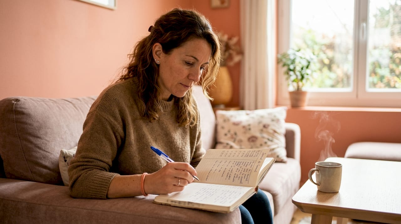 Une personne s'apprête à remplir son carnet de sommeil, stylo en main au-dessus des pages.