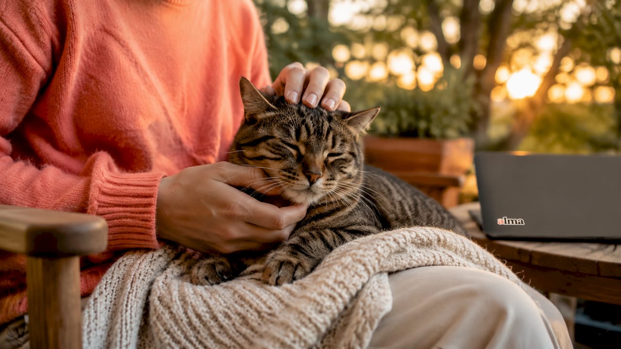 Des mains caressent doucement un chat tigré, paisible et détendu.