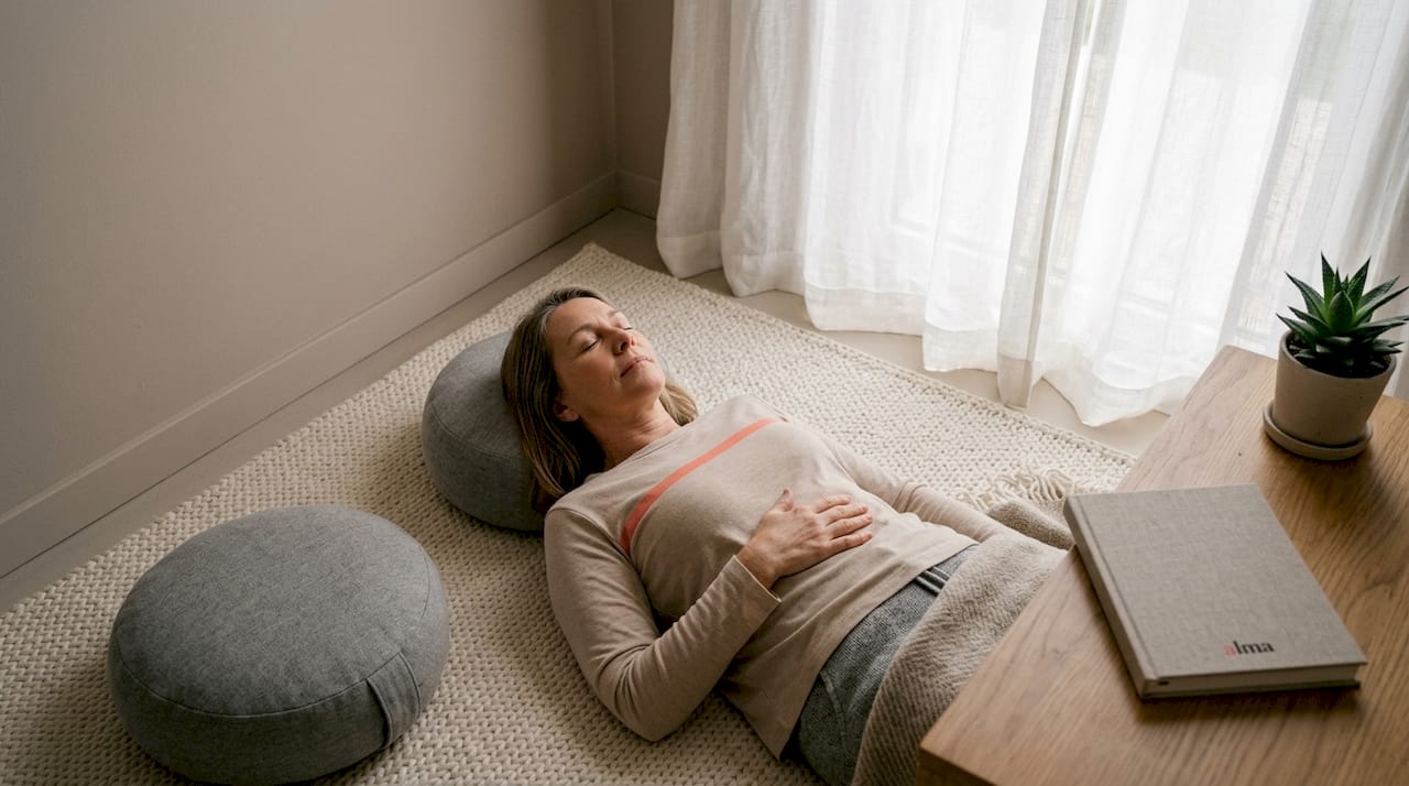 Une femme, visiblement tendue, est installée devant son ordinateur au bureau, la tête entre les mains.