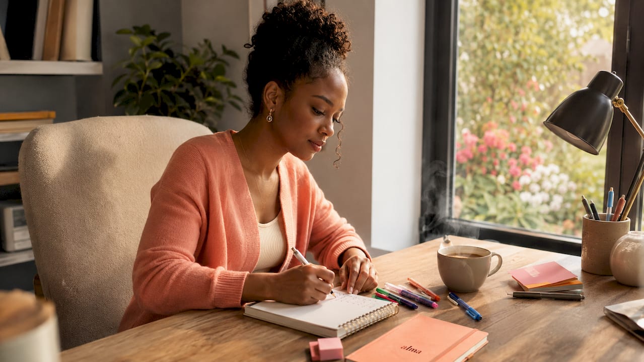 Une femme, plongée dans ses pensées, rédige quelques notes à son bureau.