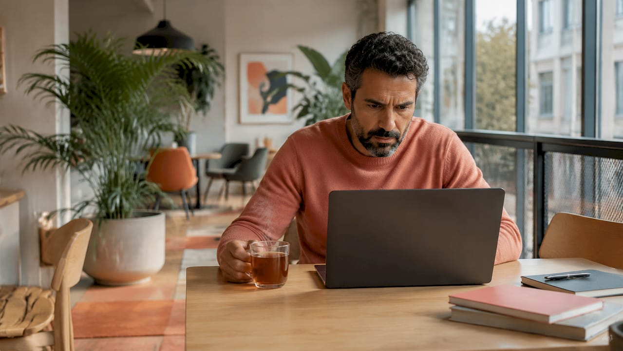 Un homme pensif, assis à son bureau, plongé dans ses réflexions.