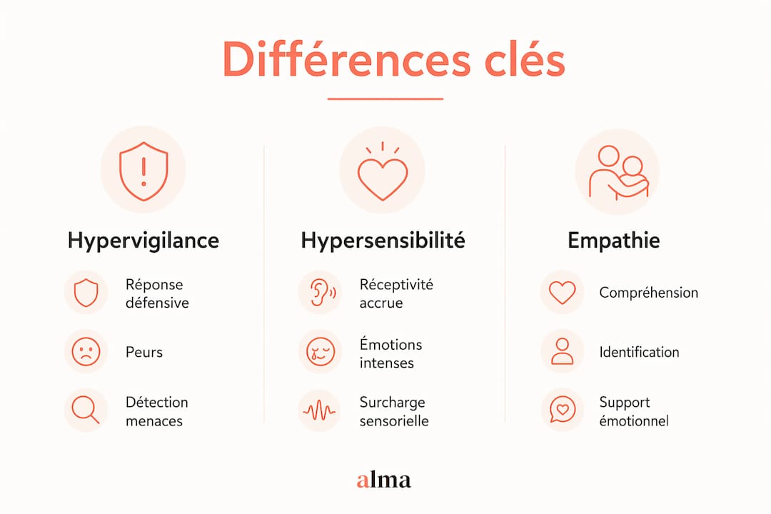 Infographie : différences et points communs entre hypervigilance, hypersensibilité et empathie
