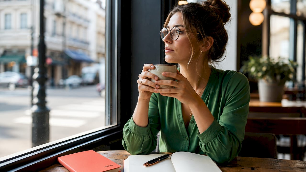 Assise à son bureau, une femme prend un moment pour réfléchir, plongée dans ses pensées.