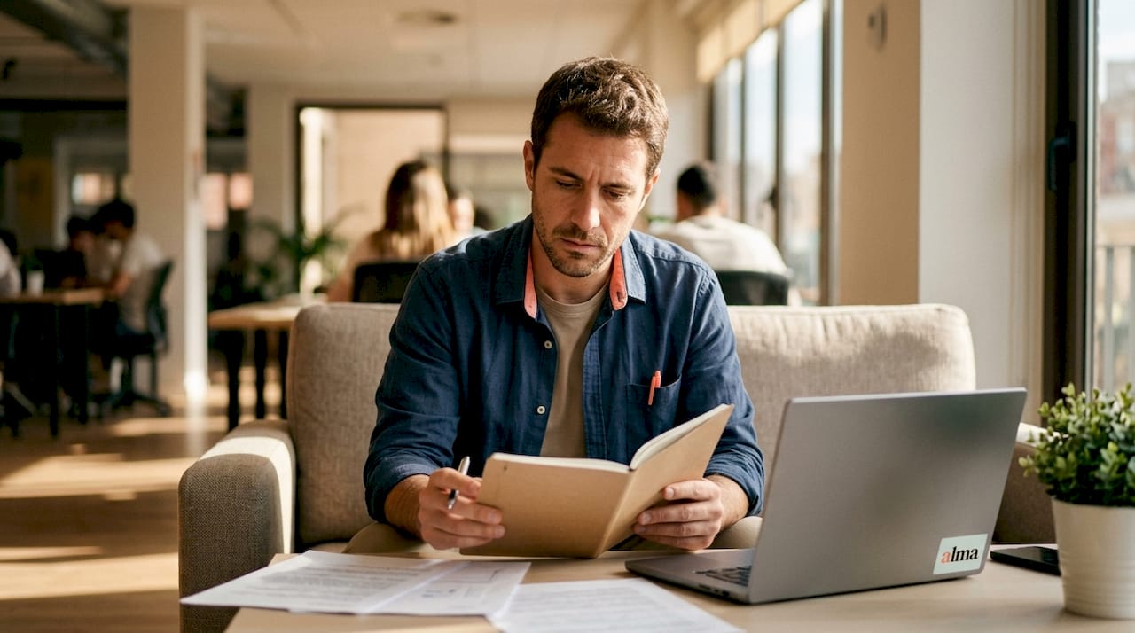 Un homme visiblement stressé, assis à son bureau, la tête entre les mains.