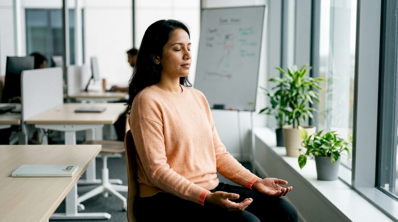Une femme prend un moment pour respirer profondément et méditer à son bureau.