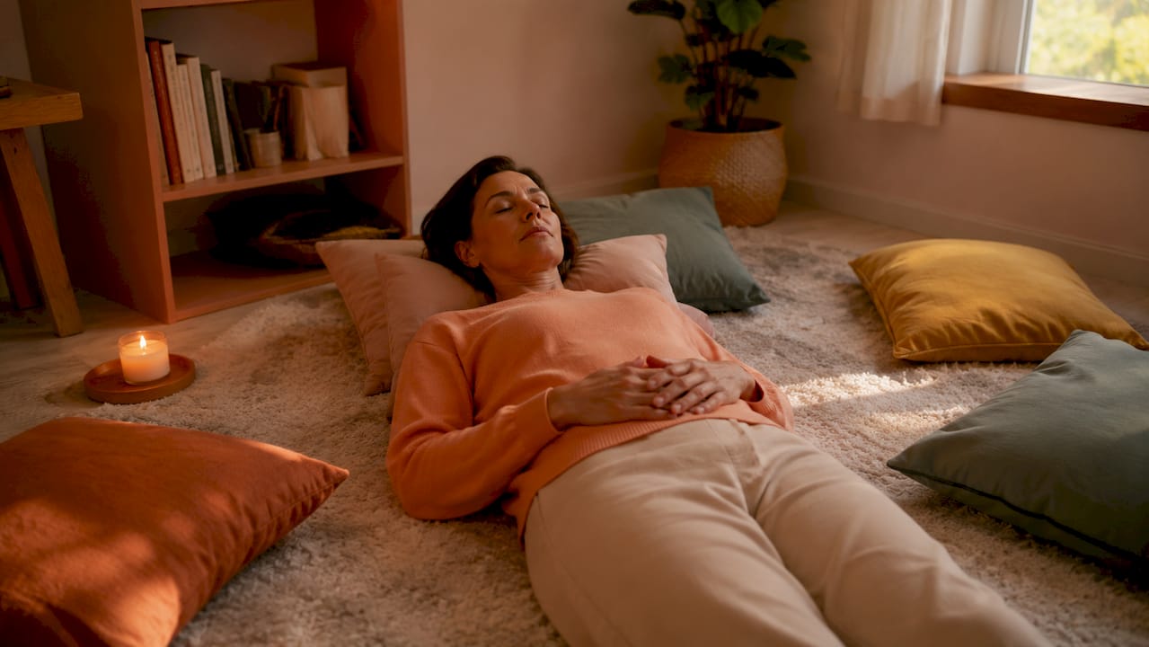Une femme profite d’un moment de méditation, paisiblement installée dans un salon baigné de lumière.