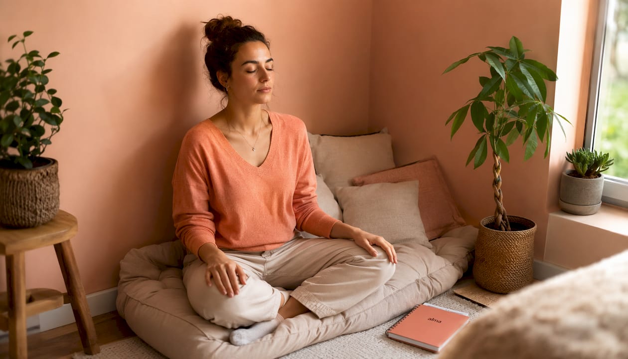 Une femme prend quelques instants pour faire des exercices de respiration et se recentrer, assise à son bureau.