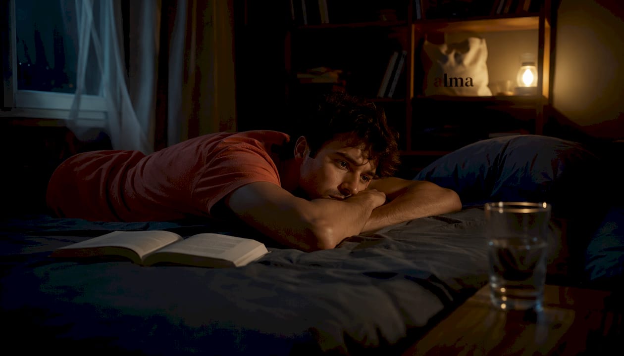 Un jeune homme allongé dans son lit, les yeux grands ouverts en pleine nuit.