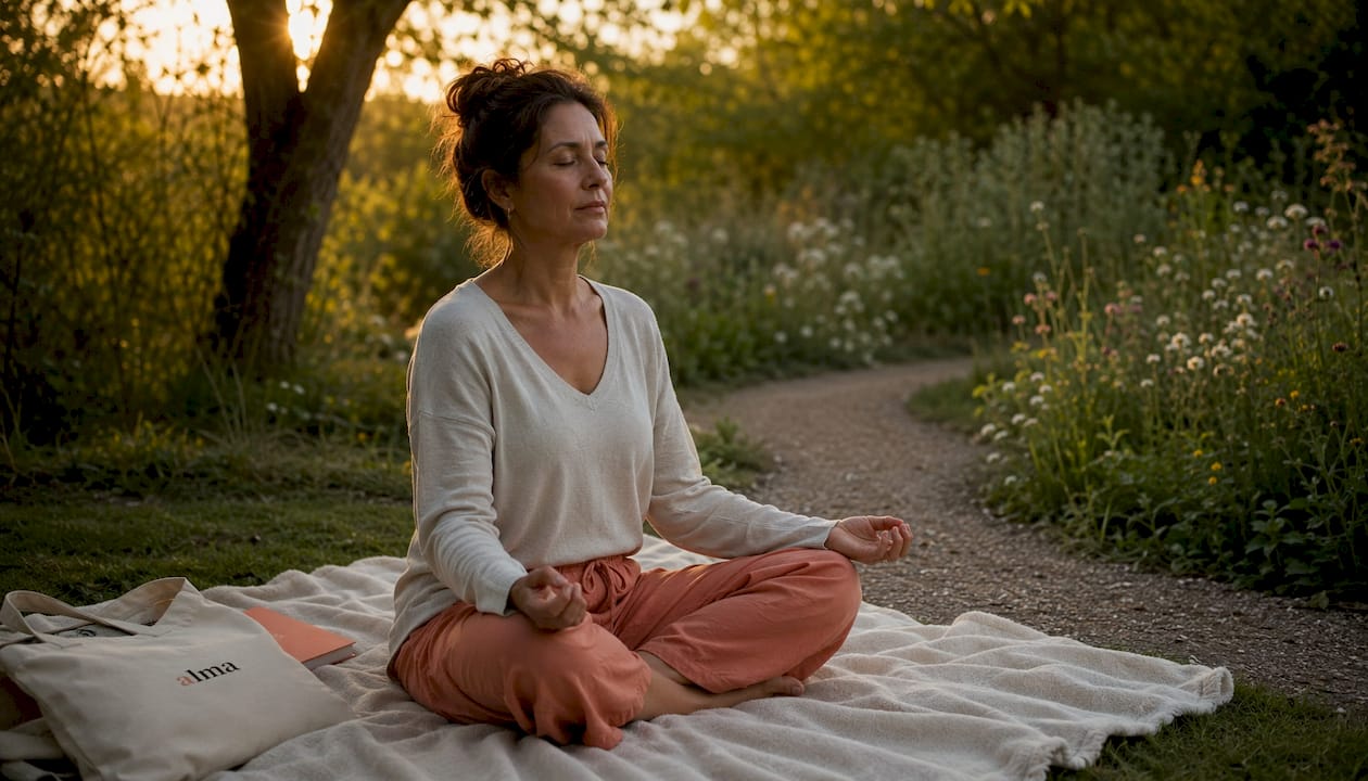 Une femme assise paisiblement chez elle, plongée dans la méditation.