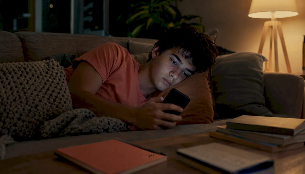Un ado scotché à son téléphone jusque tard dans la nuit.