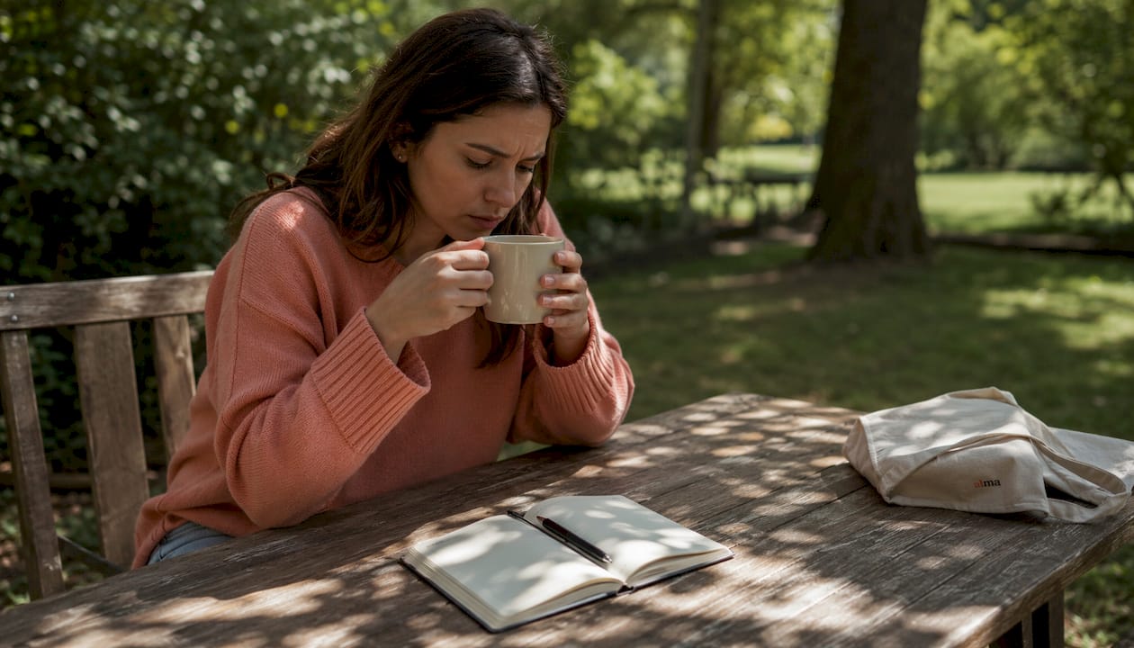 Jeune femme préoccupée, tenant une tasse de café entre ses mains.