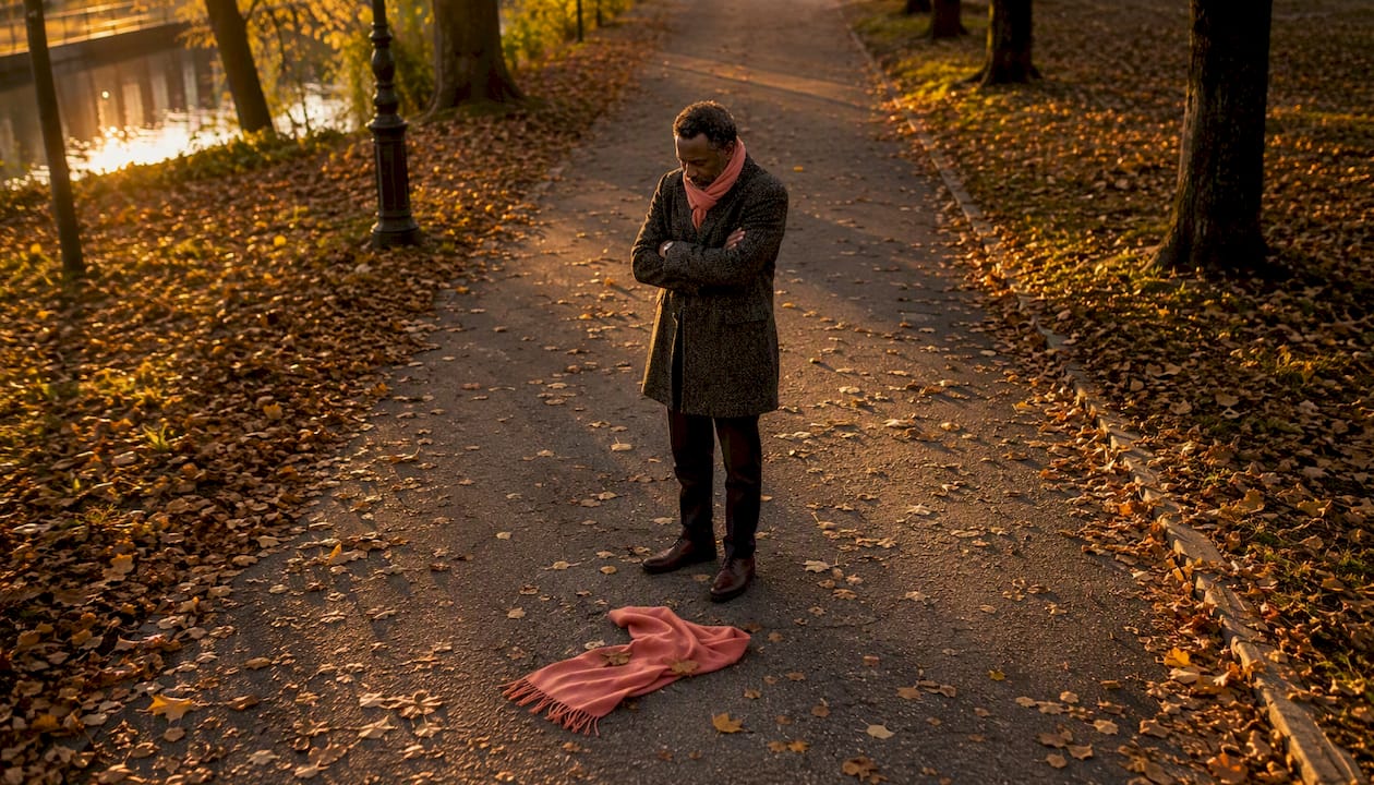 Un homme solitaire, plongé dans ses pensées, assis sur un banc au cœur d’un parc en ville.