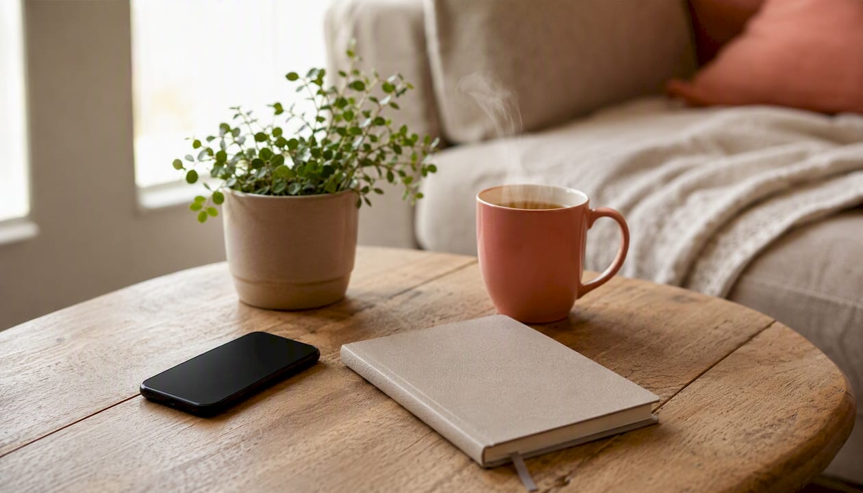 Table dressée sans téléphone portable allumé, accompagnée d’objets dédiés à la méditation et au bien-être