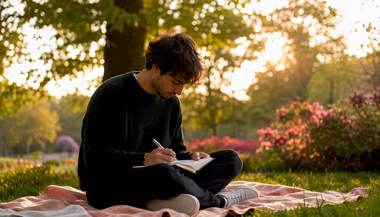 Un jeune adulte qui prend le temps d’écrire dans son carnet, baigné par une lumière douce et apaisante.