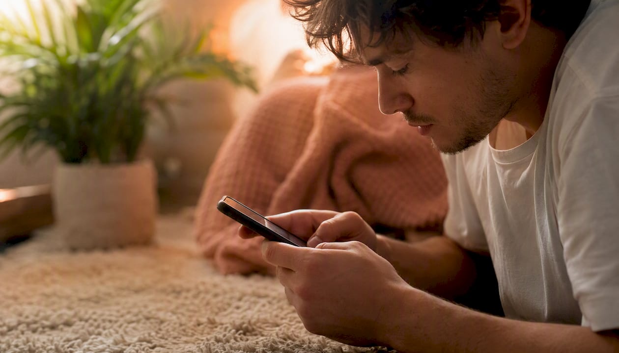 Une personne envoie un message sur son téléphone, confortablement installée dans une pièce bien chauffée.