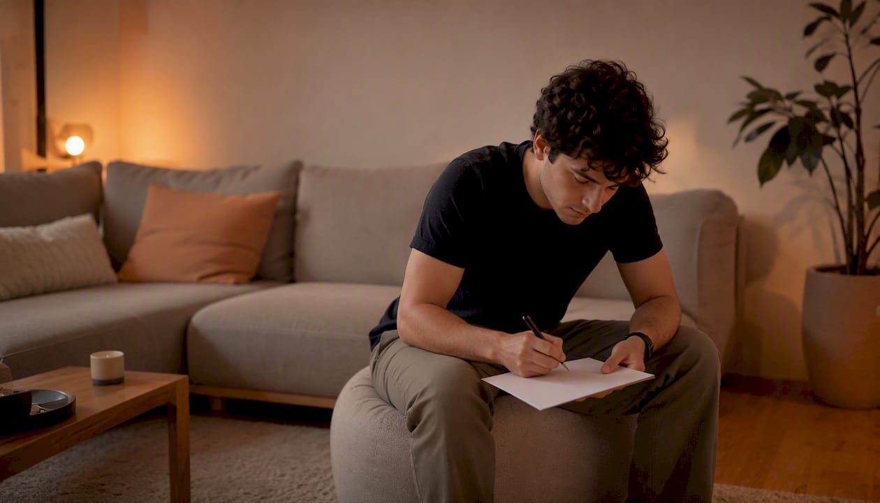 Des mains tiennent un stylo au-dessus d’un questionnaire psychologique, prêtes à répondre.