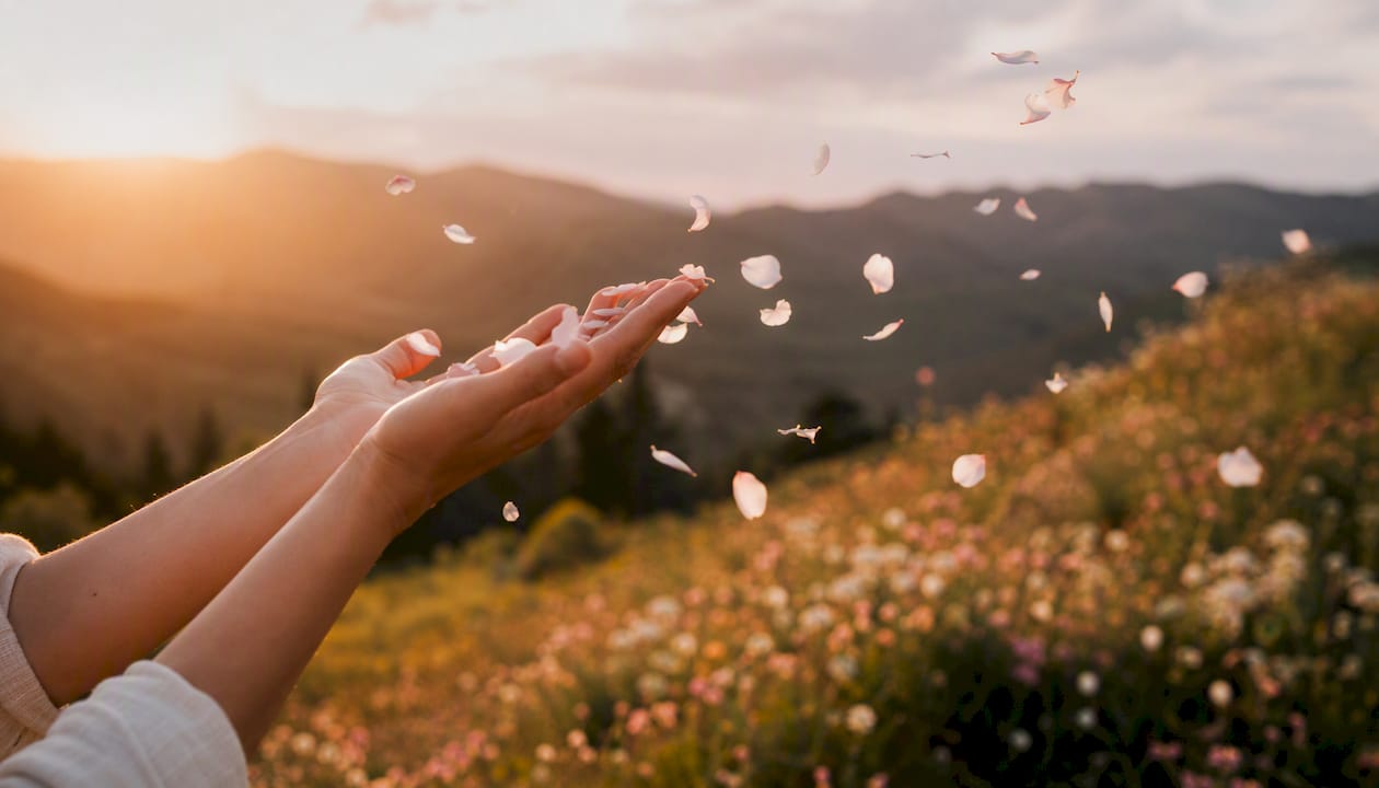 Des mains laissent s’envoler des pétales de fleurs au grand air.