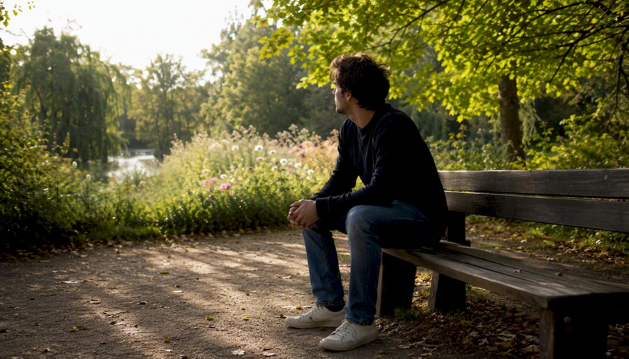 Assis près de la fenêtre, un jeune adulte laisse son regard s’évader, plongé dans ses pensées.