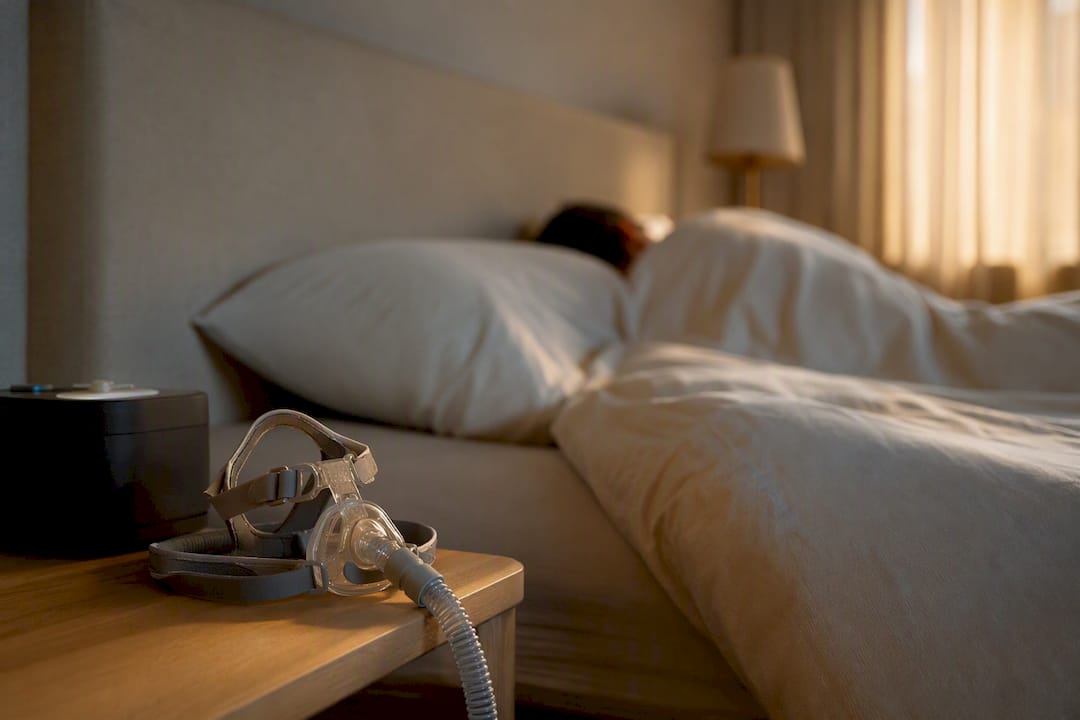Zoom sur un masque CPAP posé dans une chambre paisible, ambiance sereine.