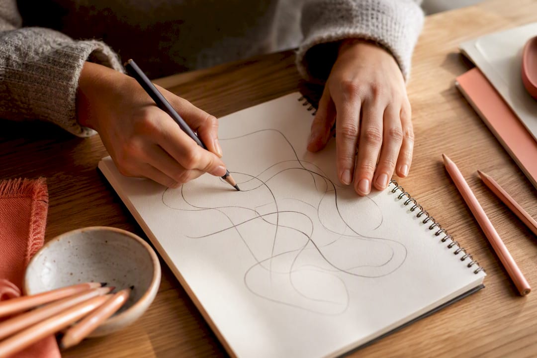 Mains dessinant dans un carnet de croquis
