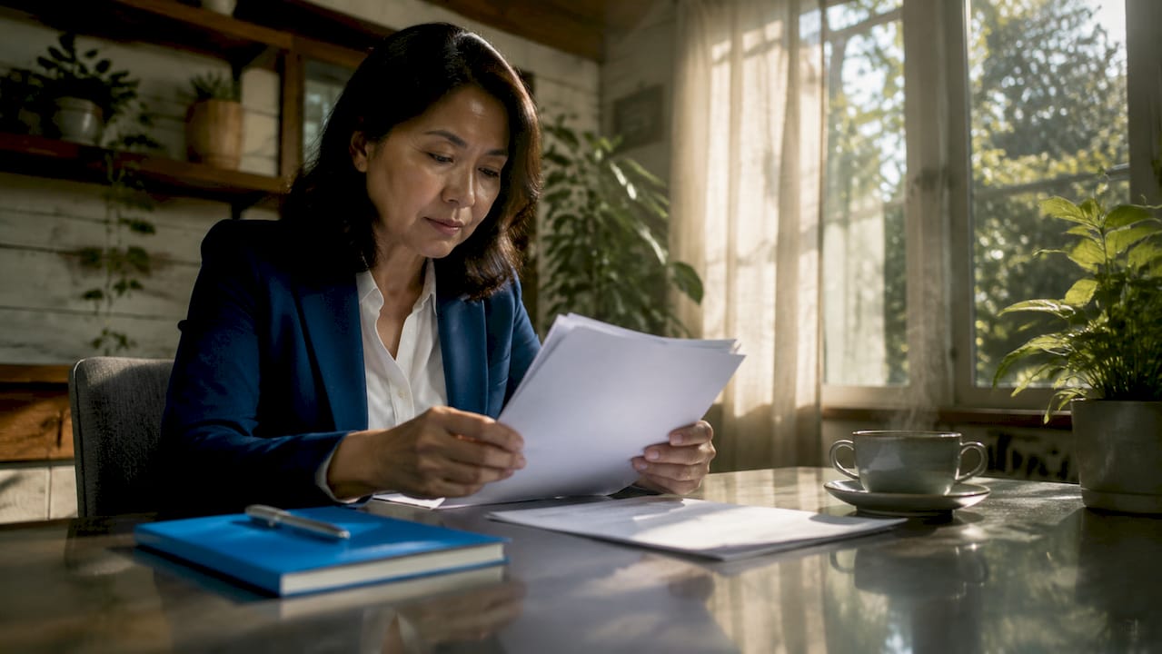 HR manager reviewing resumes at desk